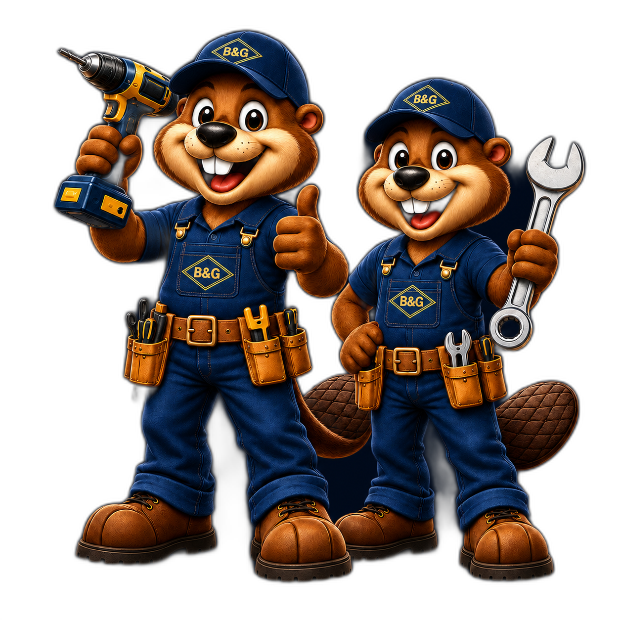 B&G construction beaver mascots with embroidered diamond logos